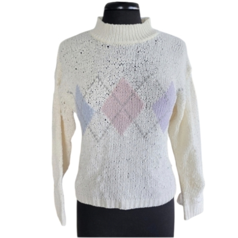 Vintage 90s Limited XS Sweater White Boucle Knit Pastel Argyle Preppy Retro